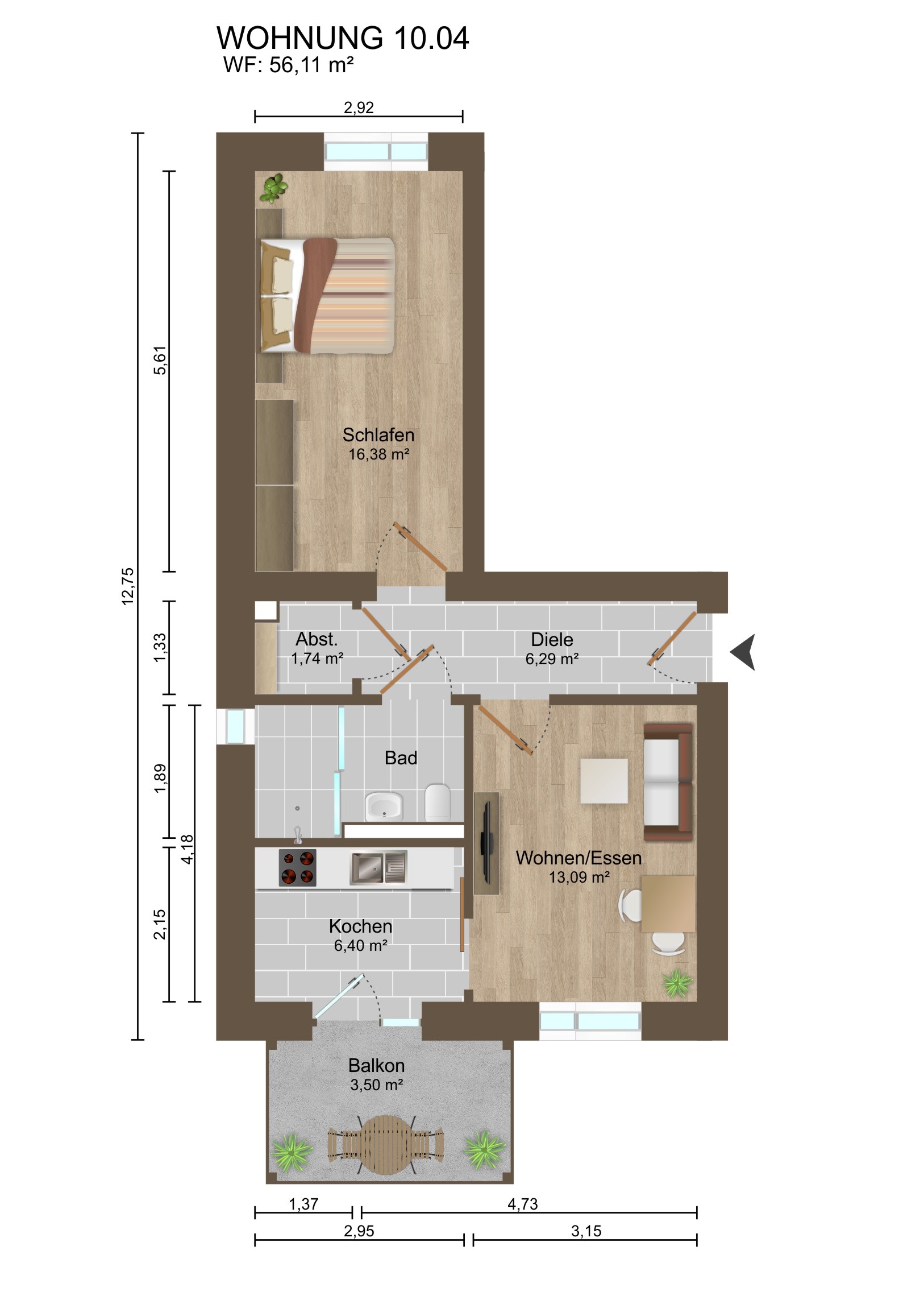 Grundriss einer Wohnung mit Balkon und Zimmern.