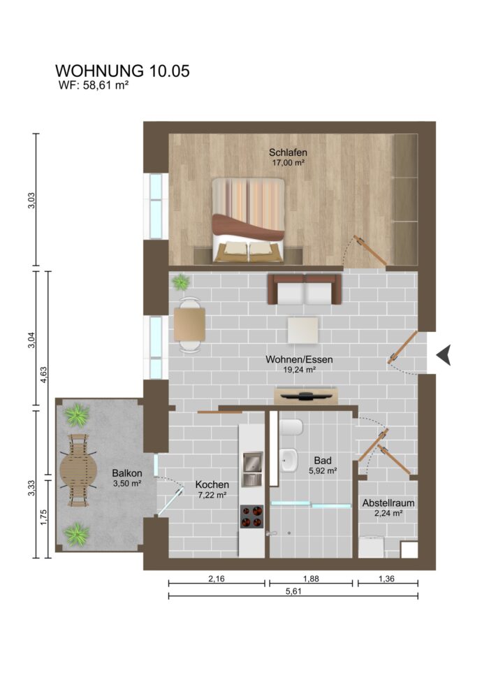 Grundriss einer Wohnung mit Balkon und Zimmeraufteilung.