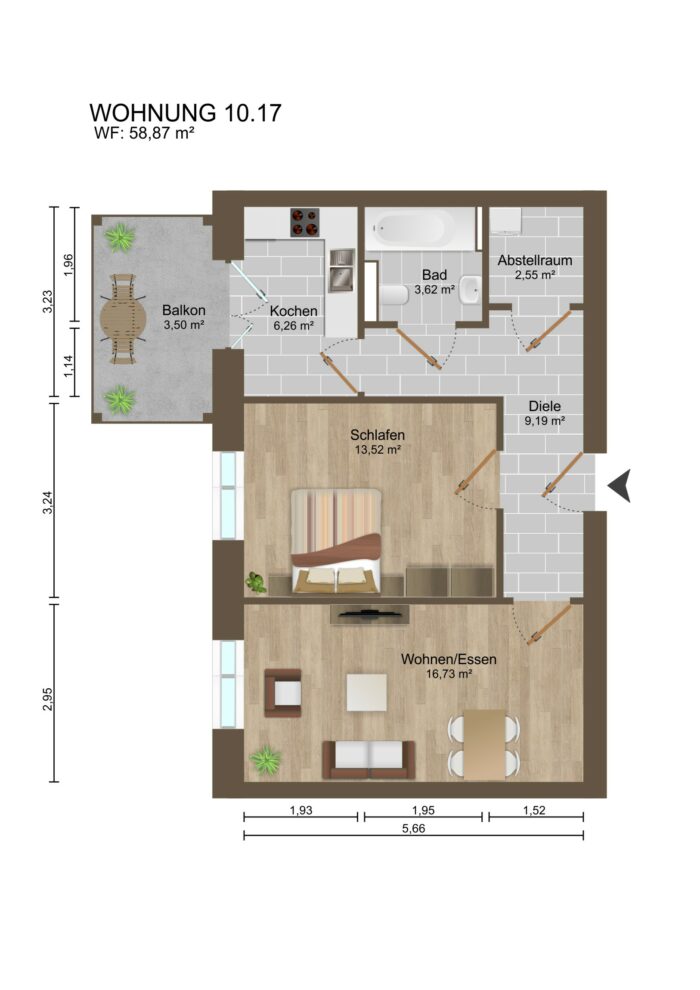 Grundriss einer Wohnung mit Balkon und Zimmern.