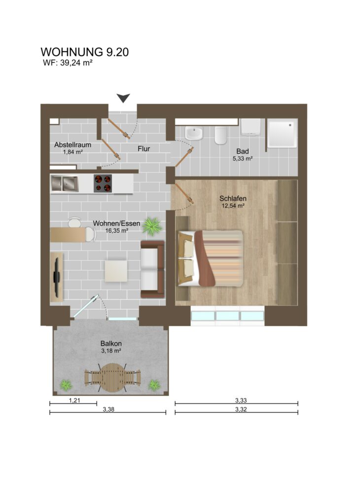 Grundriss einer Zweizimmerwohnung mit Balkon und Bad.