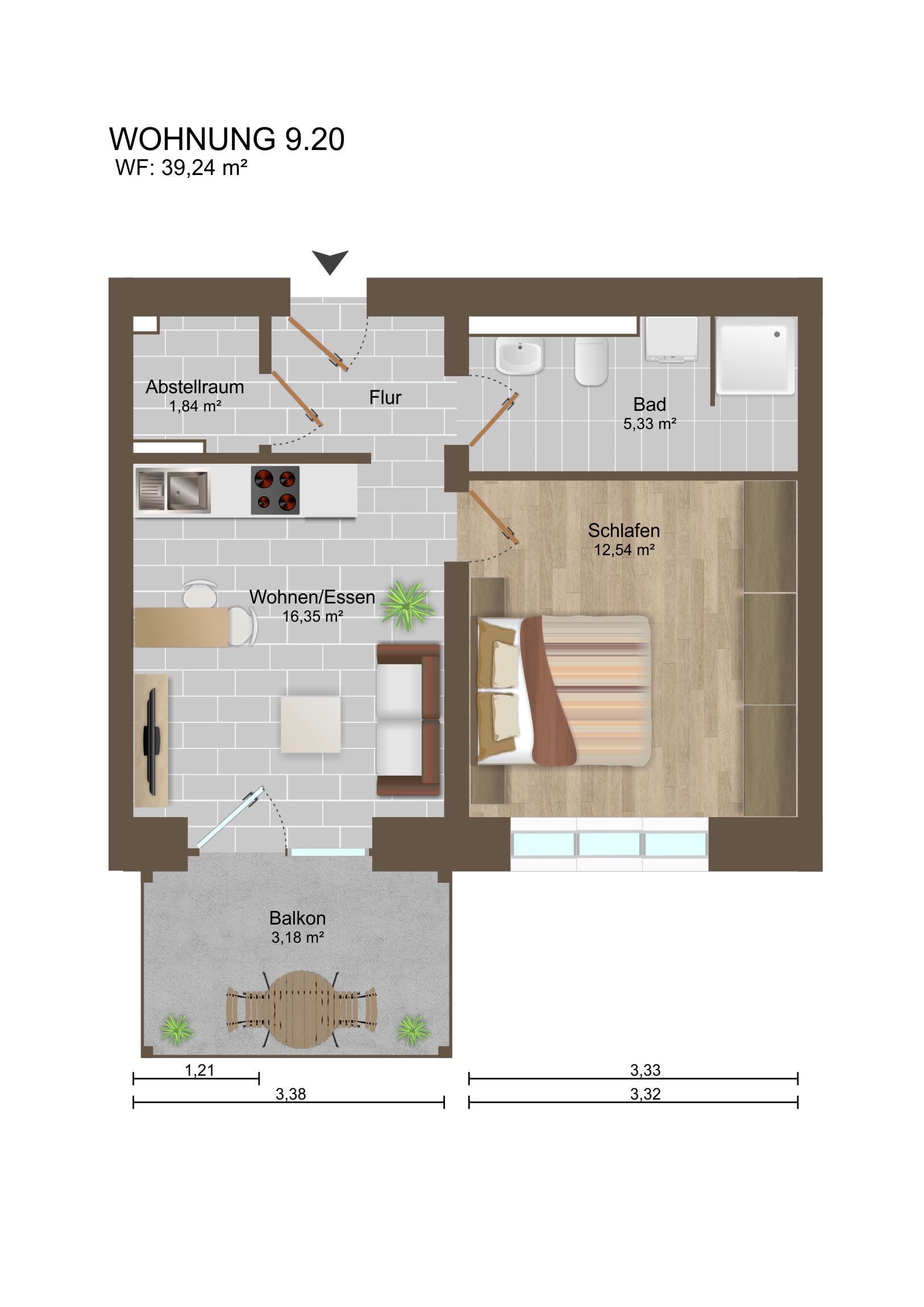 Grundriss einer Zweizimmerwohnung mit Balkon und Bad.