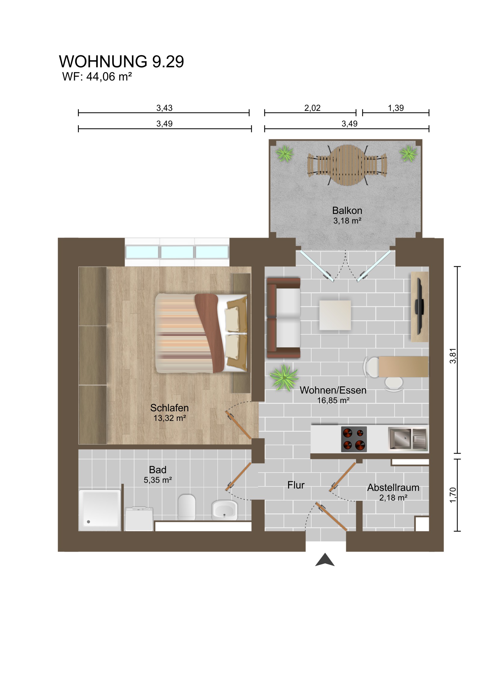 Grundriss einer Wohnung mit Balkon und Möbeln.