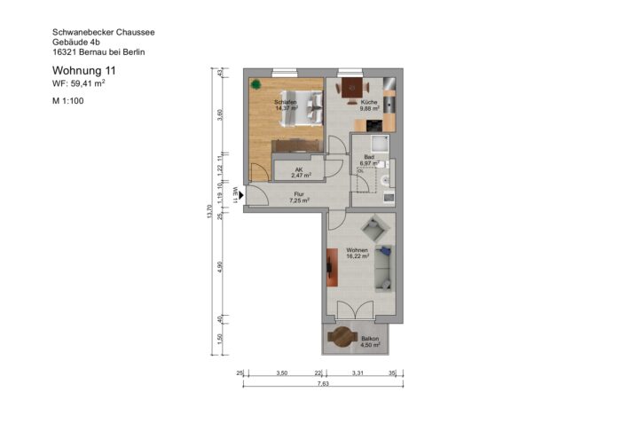 Grundriss einer Wohnung mit drei Zimmern und Küche.
