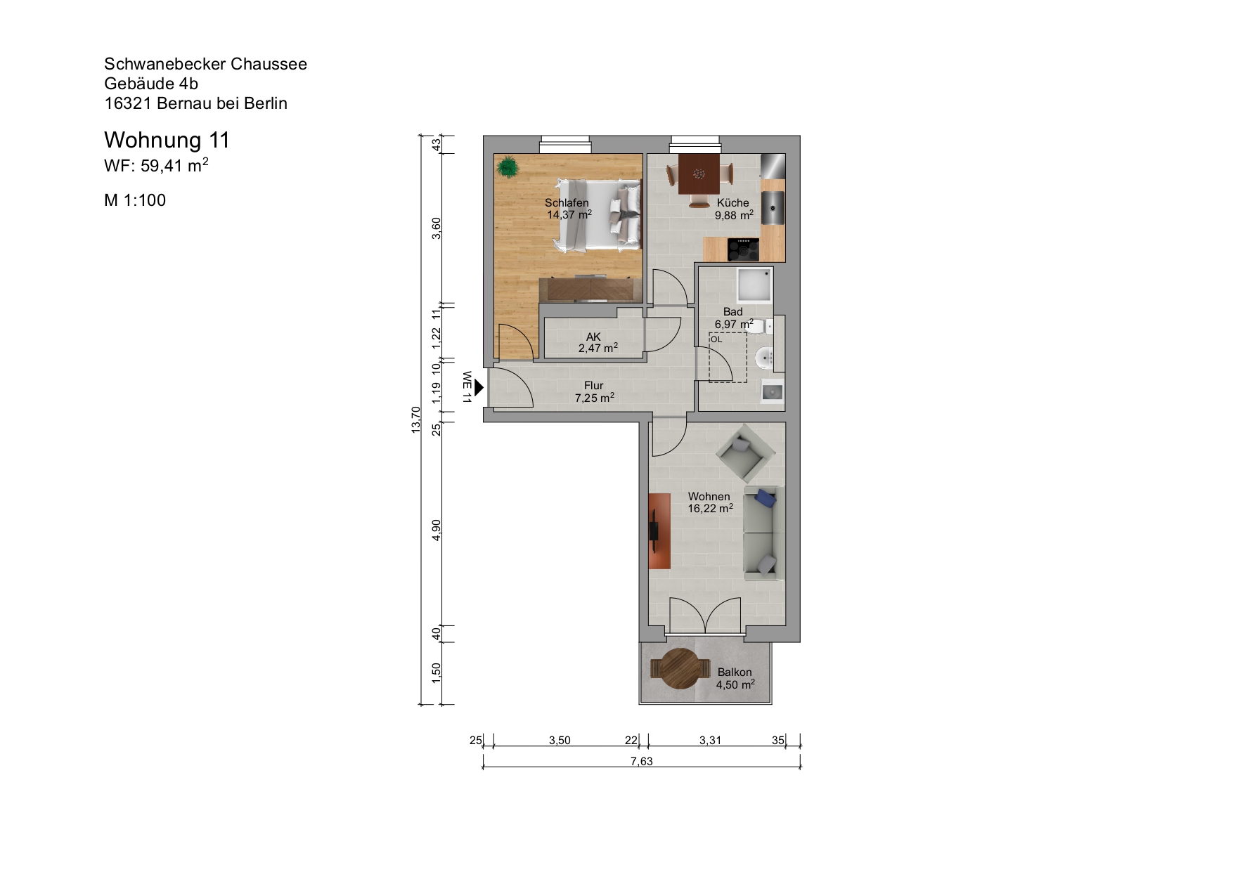 Grundriss einer Wohnung mit drei Zimmern und Küche.