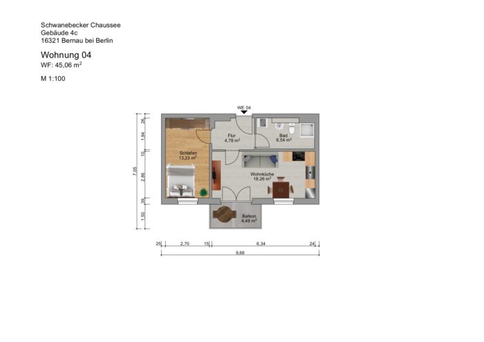 Grundriss einer Wohnung mit Raumaufteilung und Maßen.