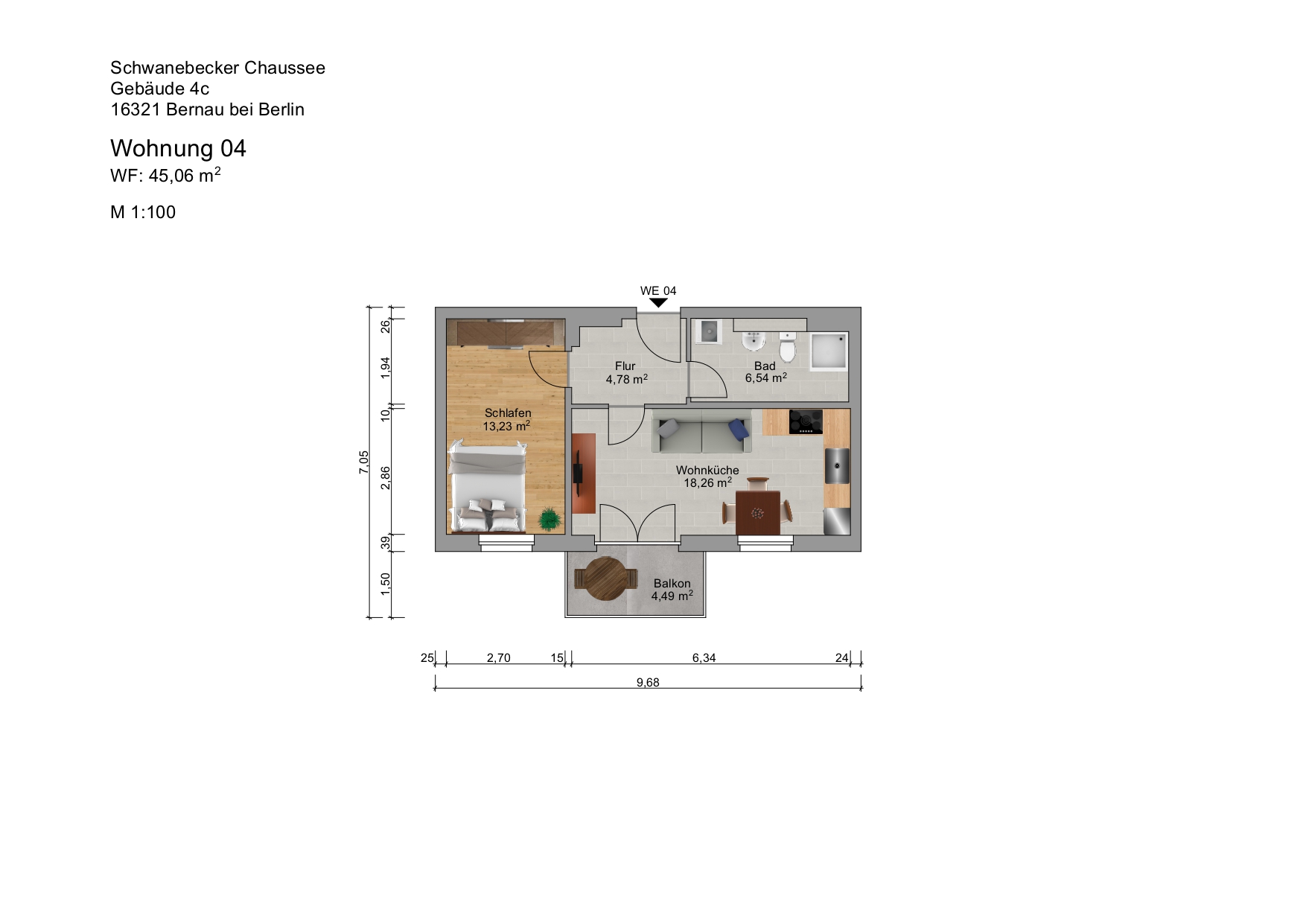 Grundriss einer Wohnung mit Raumaufteilung und Maßen.