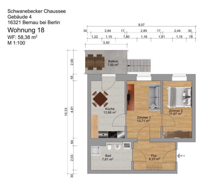 Grundriss einer Wohnung mit zwei Schlafzimmern und Balkon.