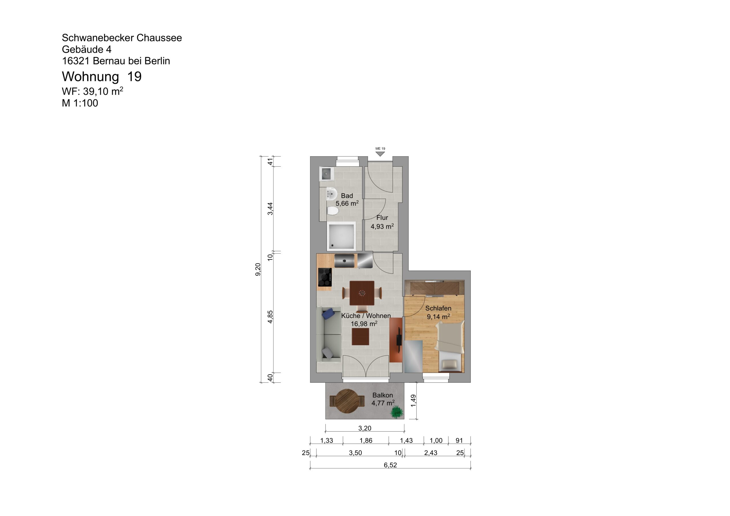 Grundriss einer Wohnung mit Möbelanordnung und Maßen.