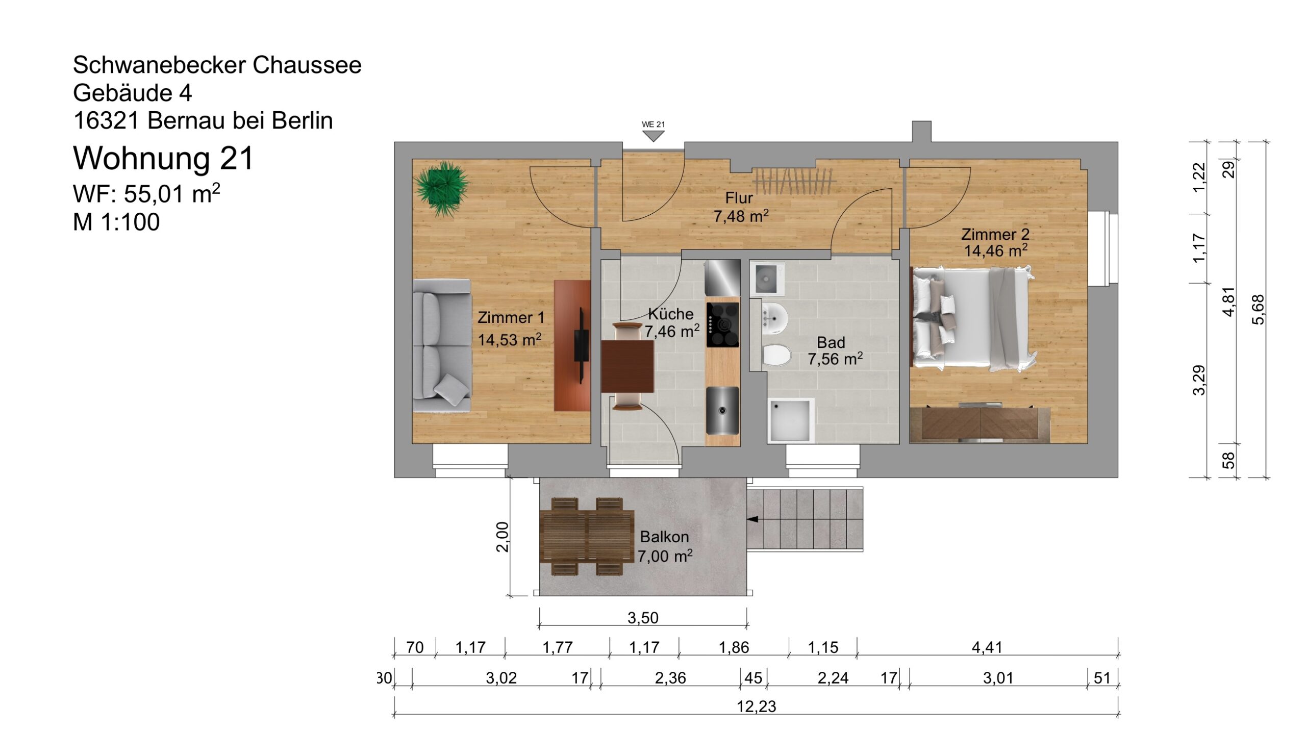 Grundriss einer Wohnung mit Maßen und Beschriftungen.