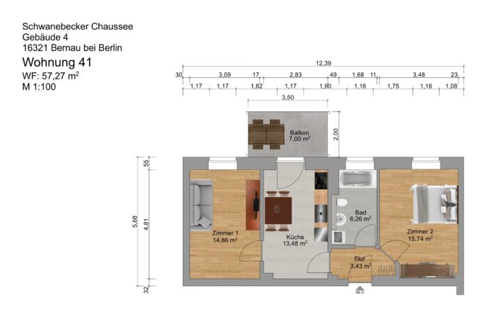 Grundriss einer Wohnung mit zwei Schlafzimmern und Küche.
