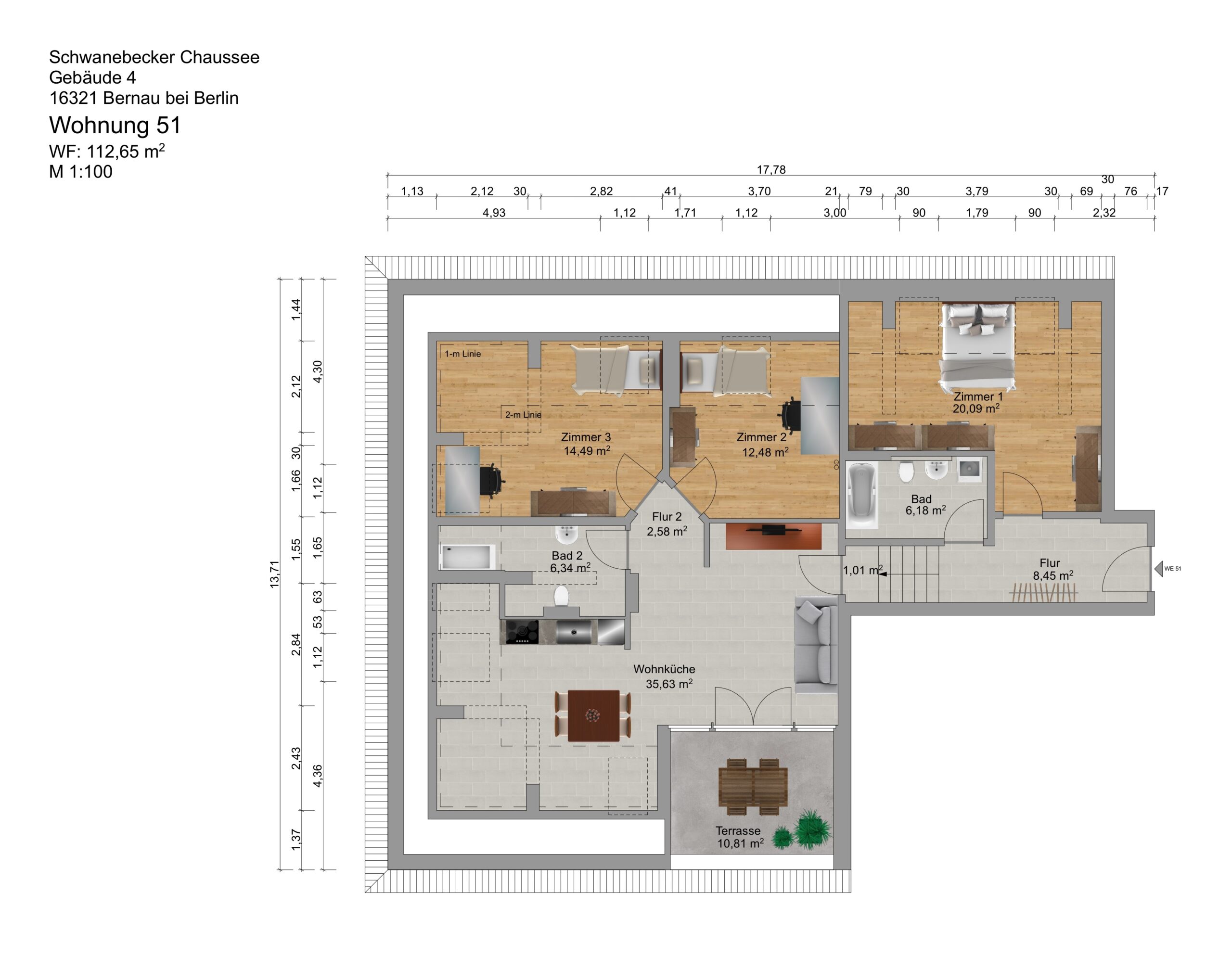 Grundriss einer Wohnung mit mehreren Zimmern und Maßen.