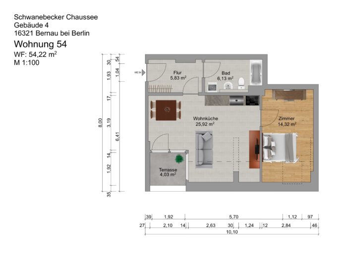 Grundriss einer Wohnung mit Zimmeraufteilung und Maßen.