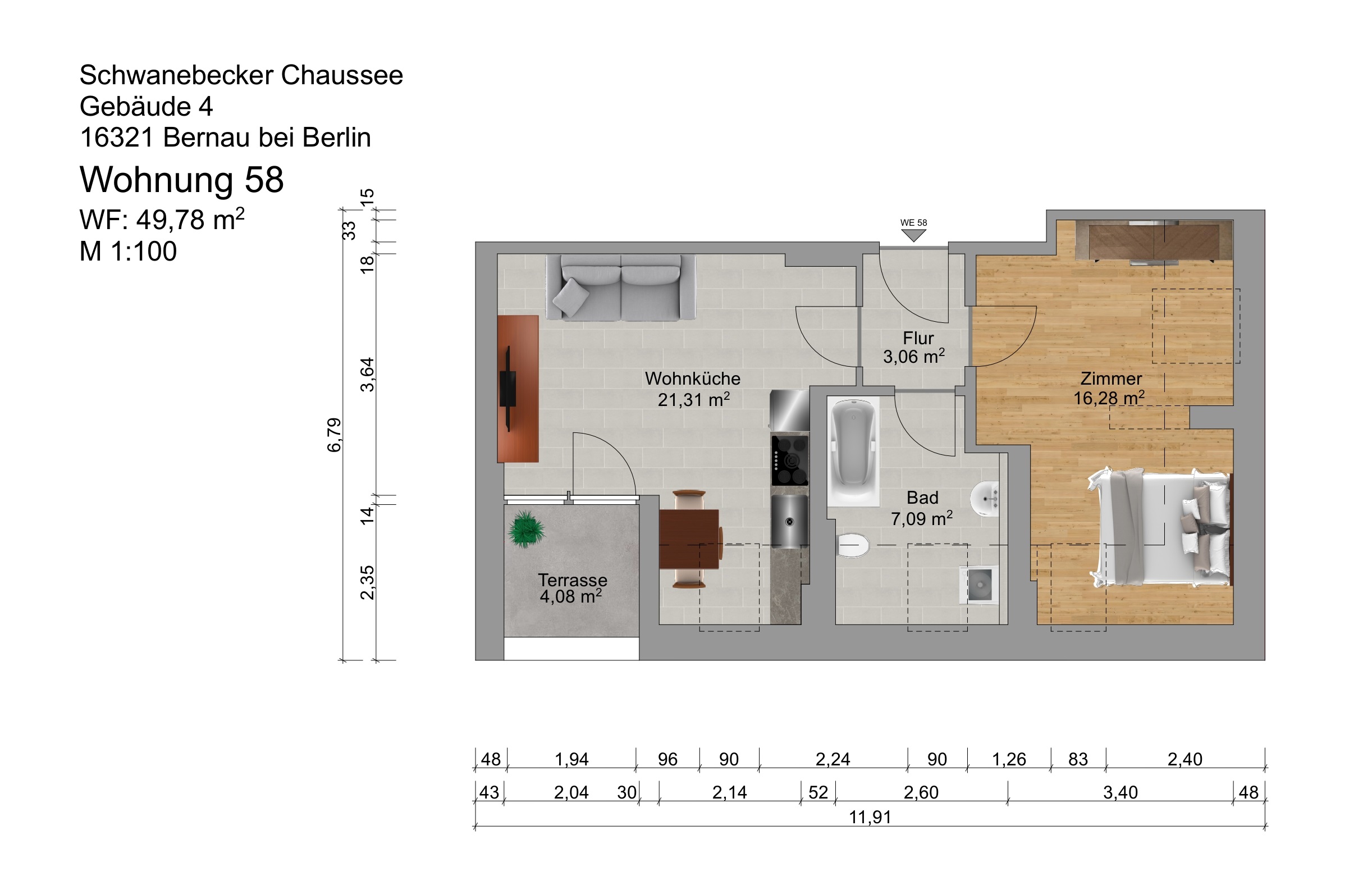 Grundriss einer Zweizimmerwohnung mit Küche und Bad.