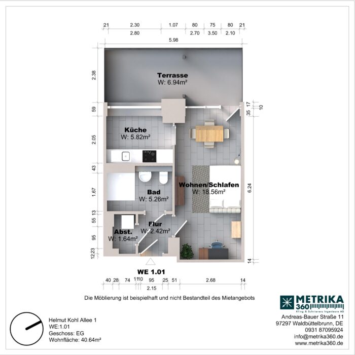 Grundriss einer Wohnung mit Terrasse und Zimmeraufteilung.