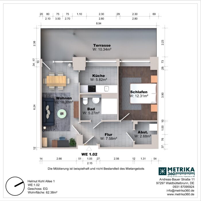 Grundriss einer Wohnung mit Terrasse und Zimmern.