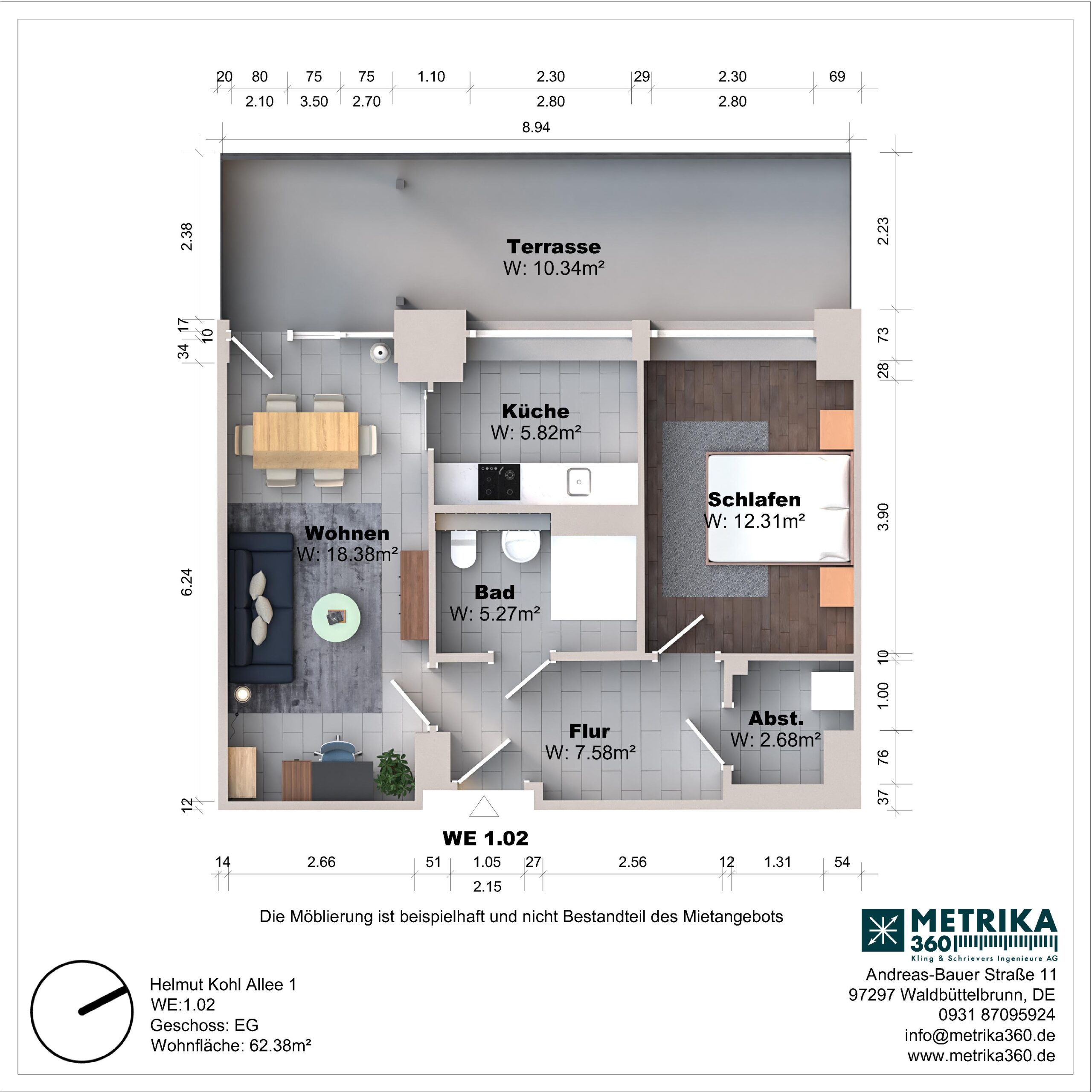 Grundriss einer Wohnung mit Terrasse und Zimmern.