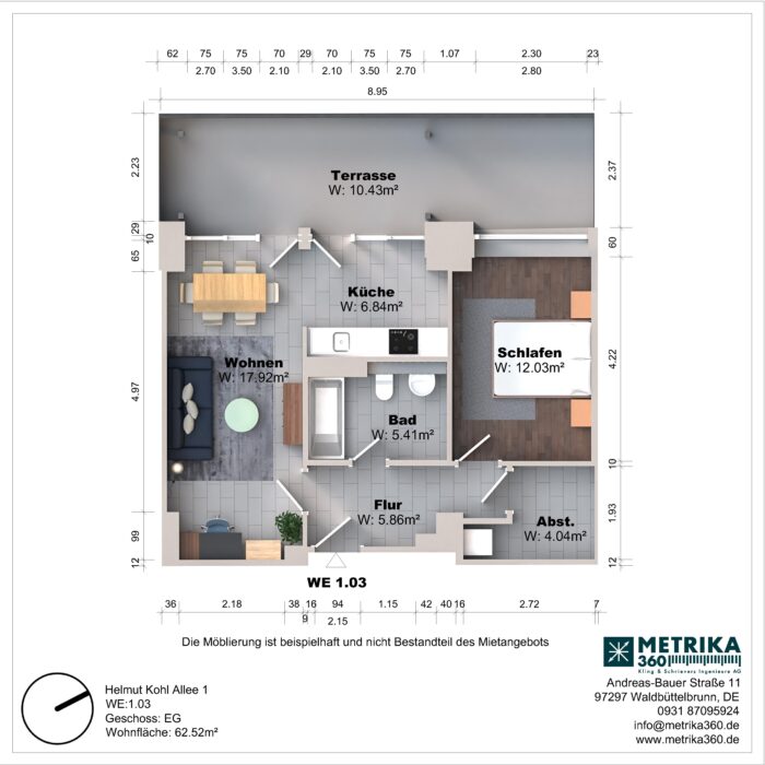 Grundriss einer Wohnung mit Terrasse und Zimmeraufteilung.