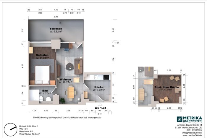 Grundriss einer Wohnung mit Terrasse und Zimmern.
