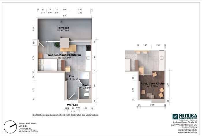 Grundriss einer Wohnung mit Terrasse und Räumen.