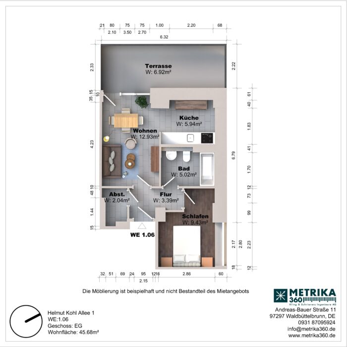 Grundriss einer Wohnung mit Terrasse und Zimmern.