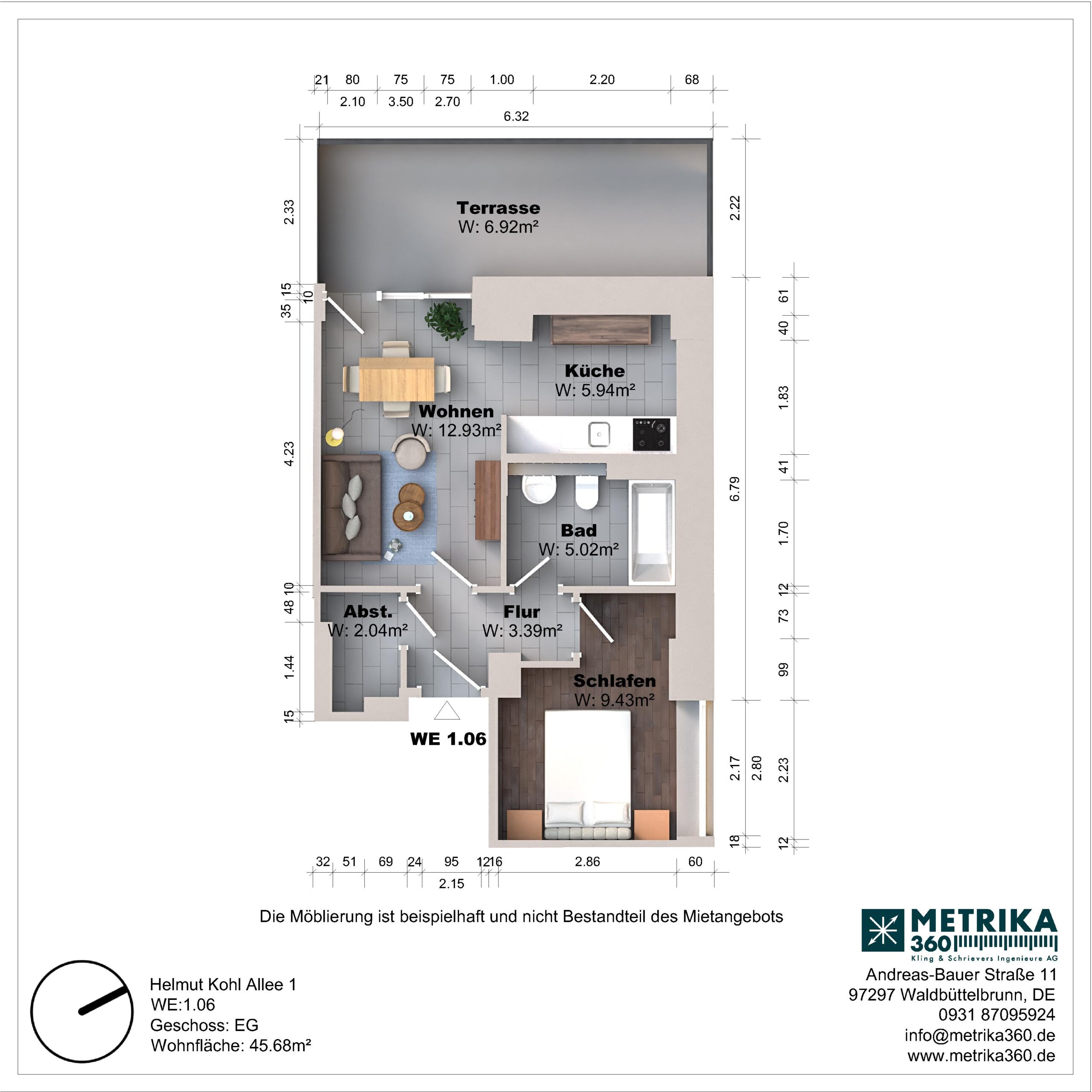 Grundriss einer Wohnung mit Terrasse und Zimmern.
