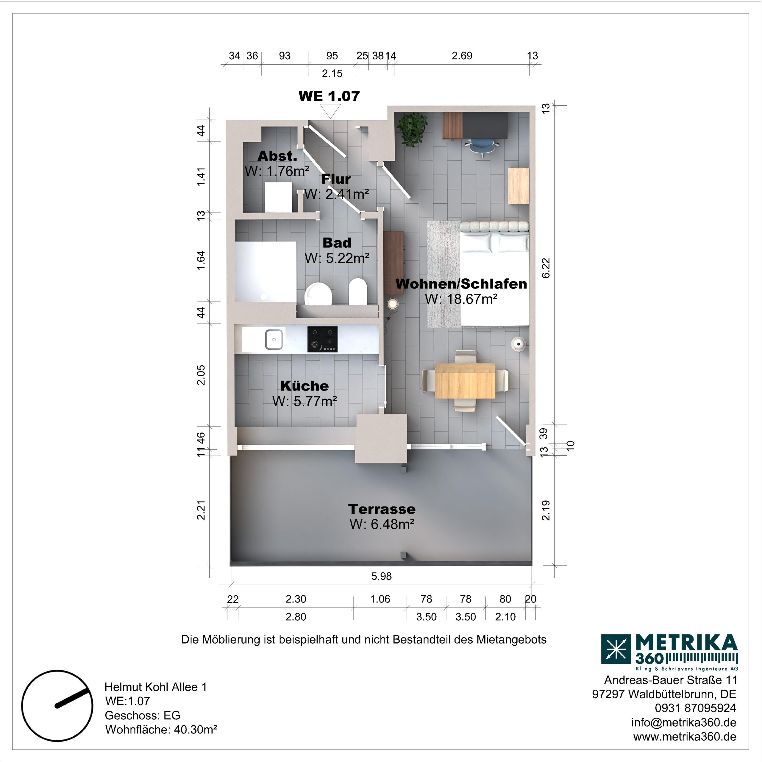 Grundriss einer Wohnung mit Terrasse und Möbeln.
