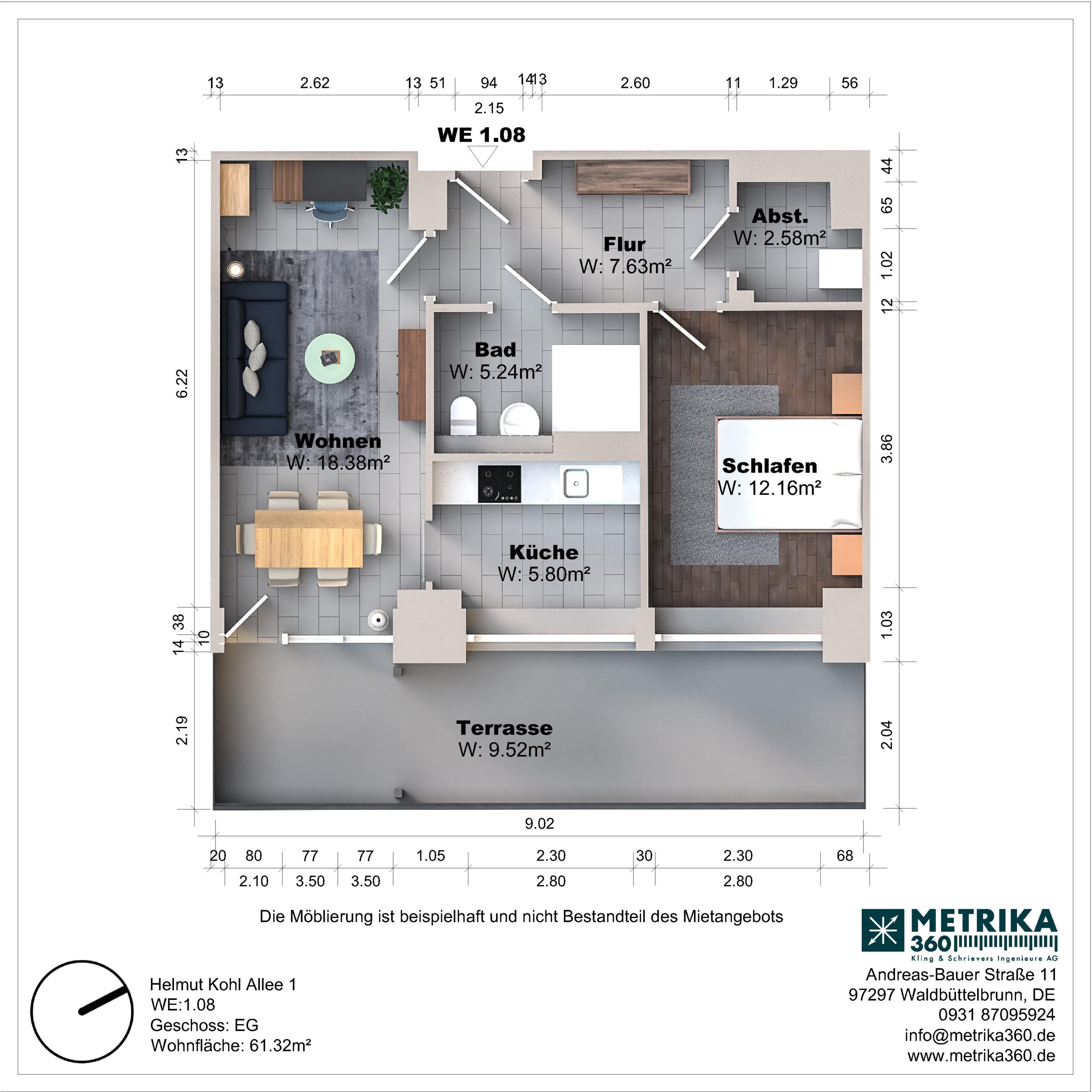 Grundriss einer Wohnung mit Terrasse und Möbeln.