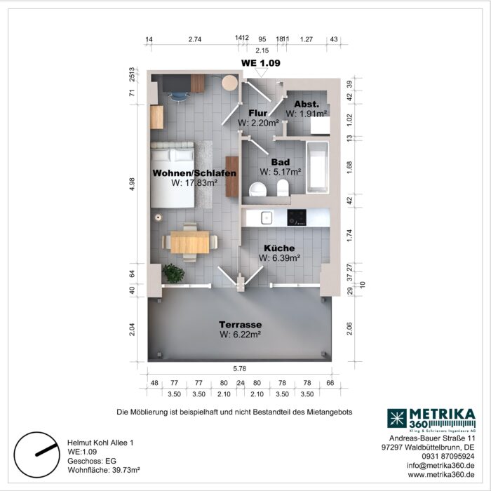 Grundriss einer Wohnung mit Terrasse und Küche.
