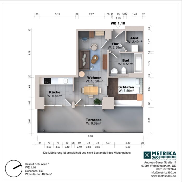 Grundriss einer Wohnung mit Terrasse und Möbeln.