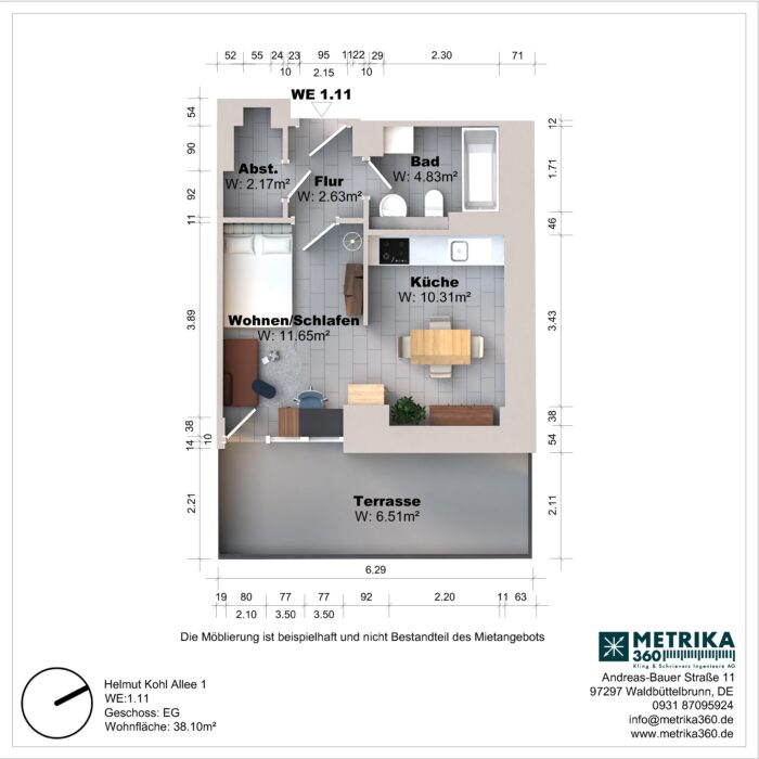 Grundriss einer Wohnung mit Terrasse und Möblierung.