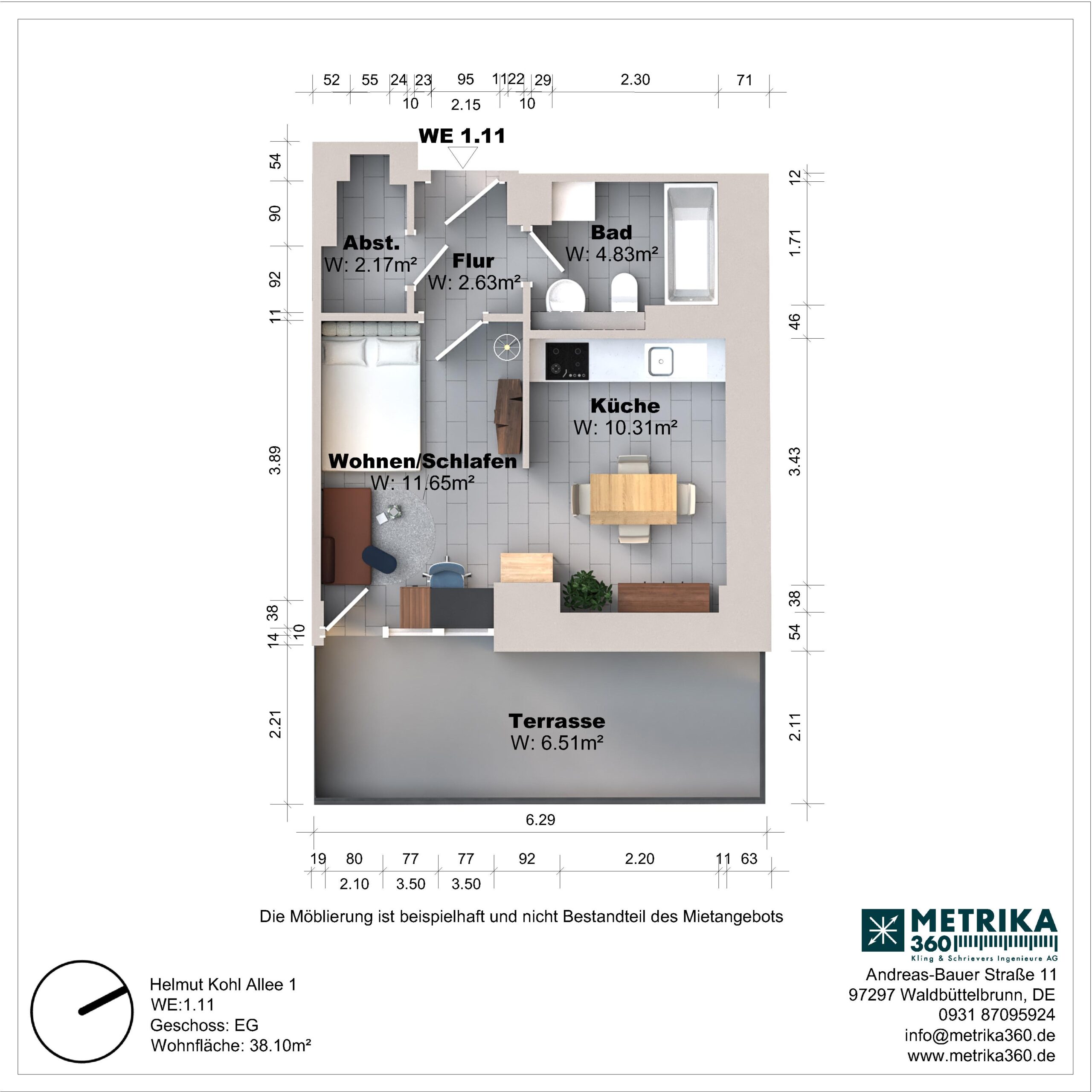 Grundriss einer Wohnung mit Terrasse und Möblierung.