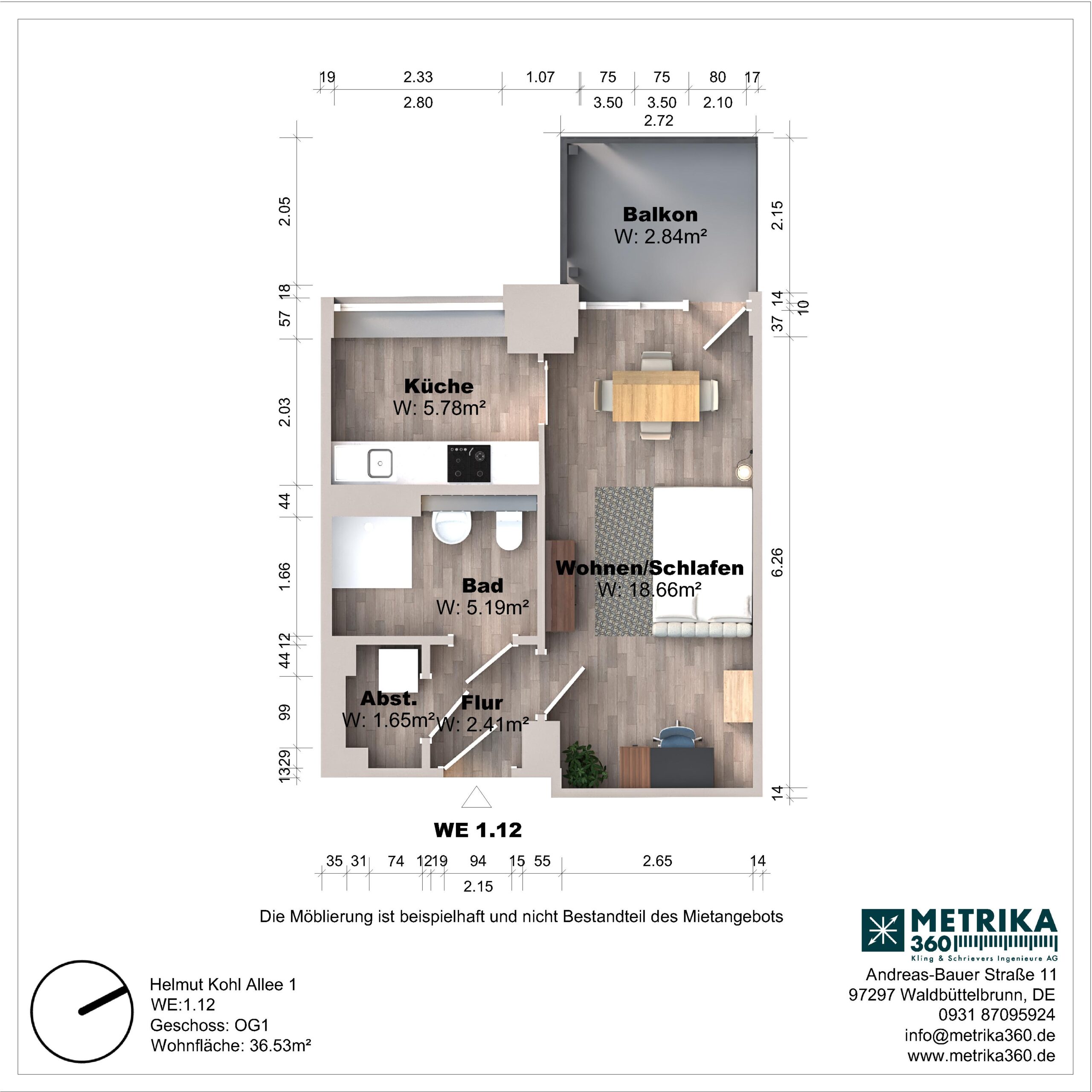 Grundriss einer Wohnung mit Balkon und Zimmeraufteilung.