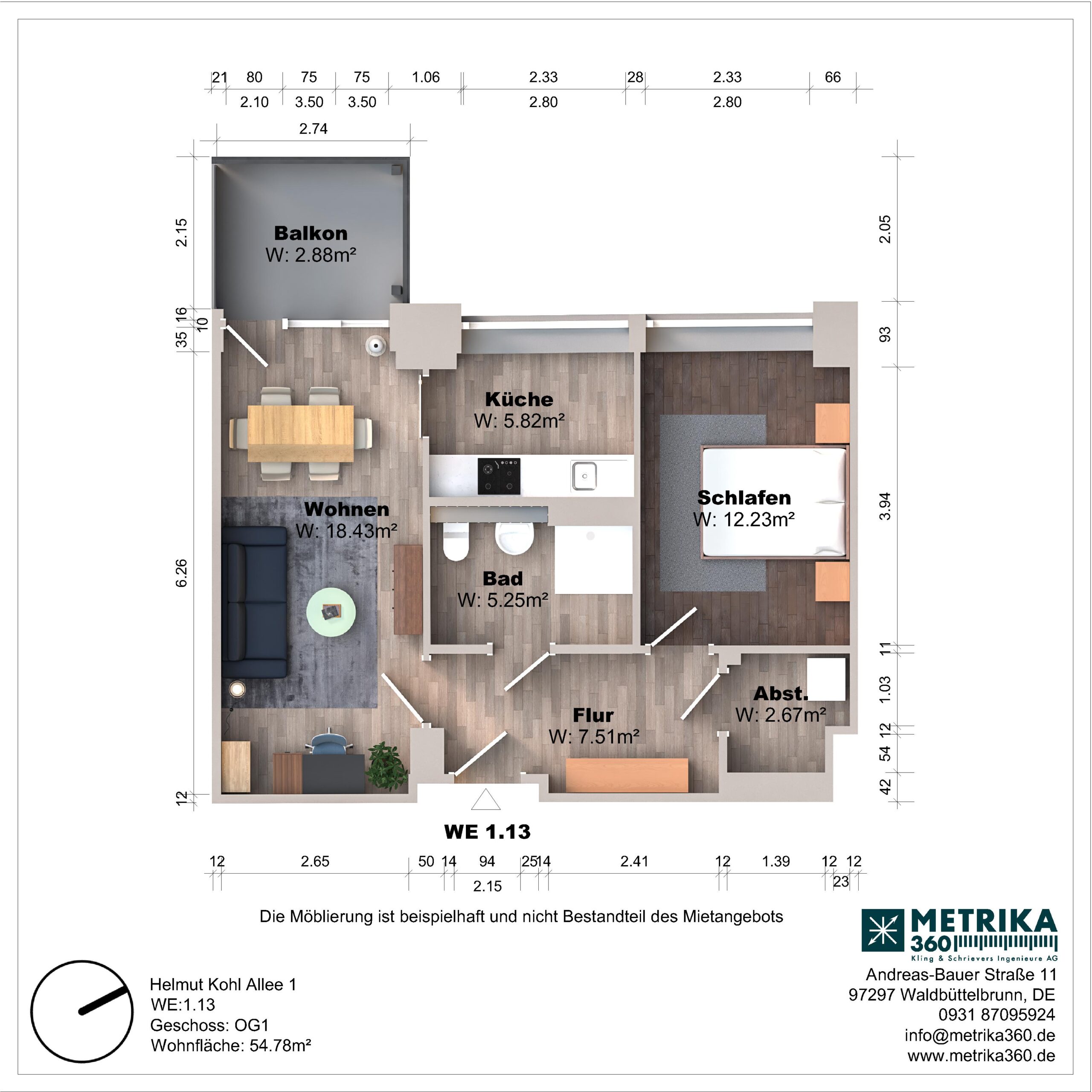 Grundriss einer Wohnung mit Balkon und Zimmeraufteilung.