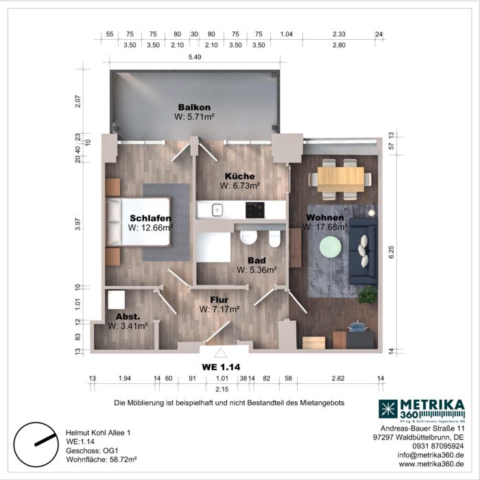 Grundriss einer Wohnung mit Balkon und Möbelanordnung.