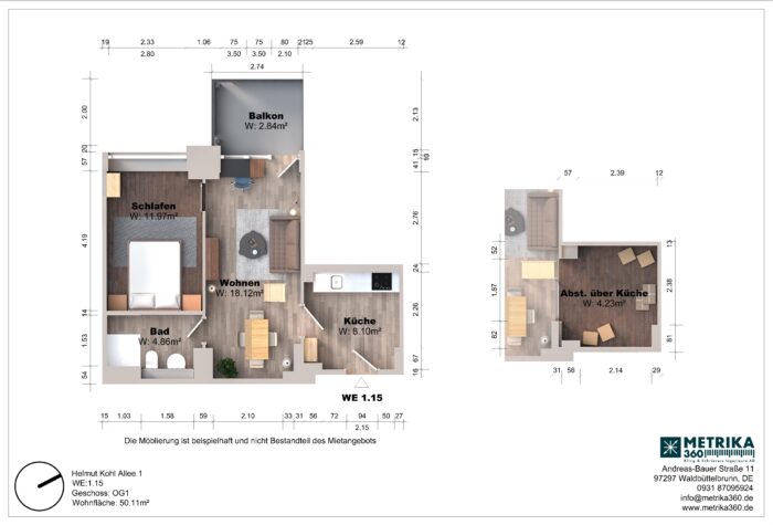 Grundriss einer Wohnung mit Balkon und Möbelanordnung.