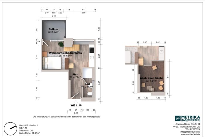 Grundriss einer kleinen Wohnung mit Balkon und Bad.