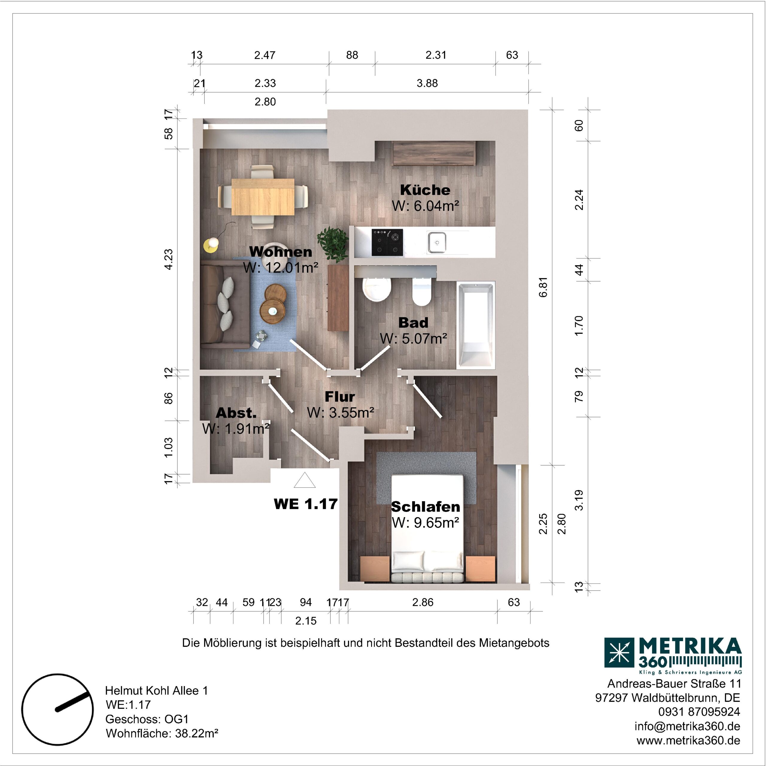 Grundriss einer Wohnung mit Küche, Bad, Schlafzimmer.