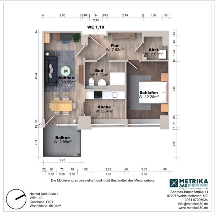 Grundriss einer Wohnung mit Balkon und Zimmeraufteilung.