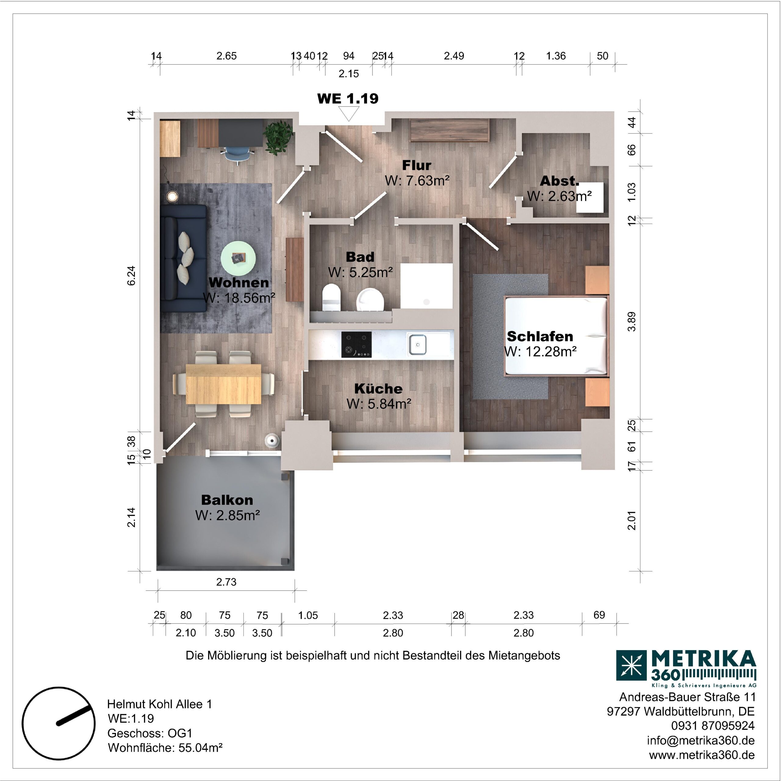 Grundriss einer Wohnung mit Balkon und Zimmeraufteilung.