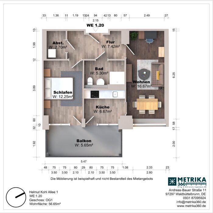 Grundriss einer Wohnung mit Balkon und Möbeln.