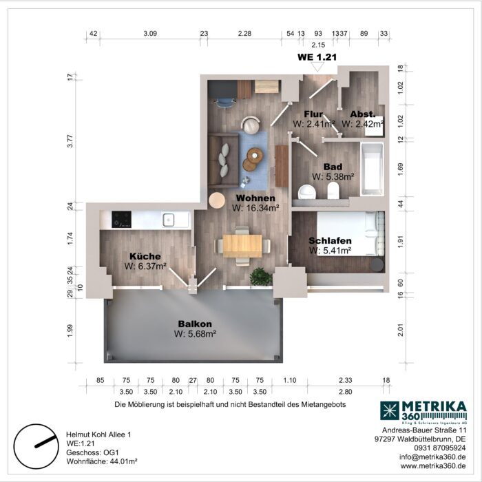 Grundriss einer Einzimmerwohnung mit Balkon und Küche.