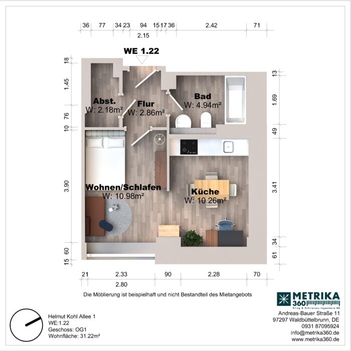 Grundriss einer Einzimmerwohnung mit Küche und Bad.