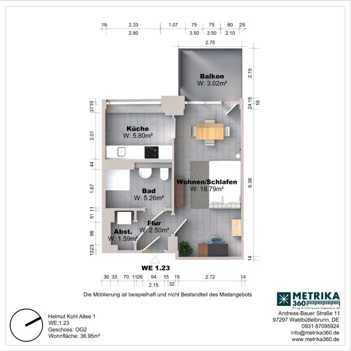 Grundriss einer Einzimmerwohnung mit Balkon und Küche.