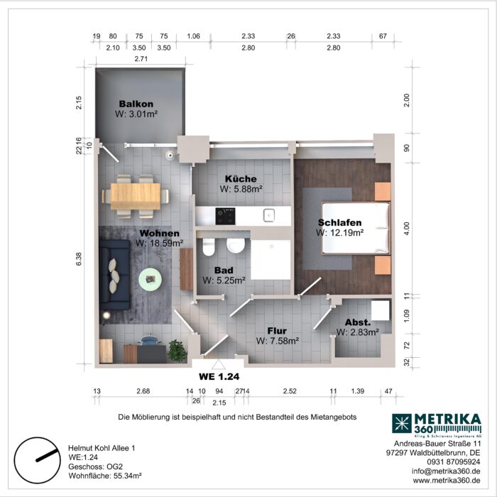 Grundriss einer Wohnung mit Balkon und drei Zimmern.