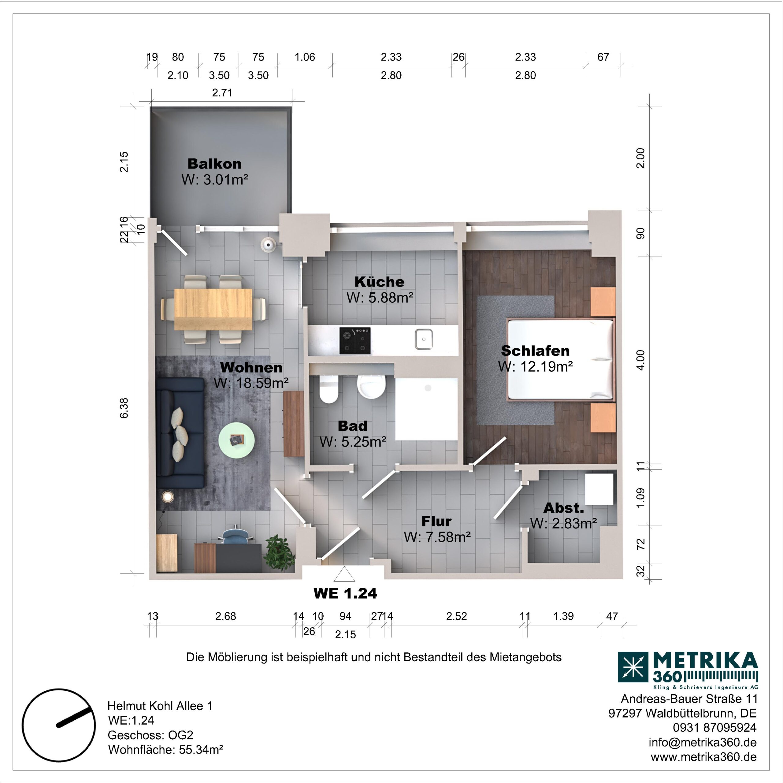 Grundriss einer Wohnung mit Balkon und drei Zimmern.
