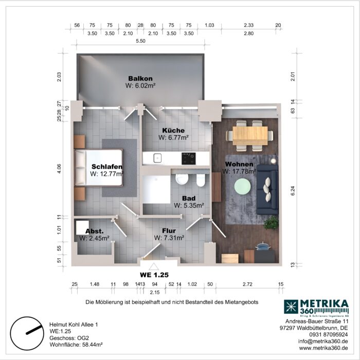 Grundriss einer Wohnung mit Balkon und Möbeln.