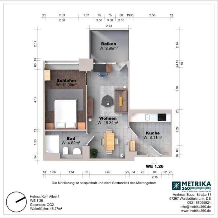Grundriss einer Wohnung mit Balkon und Möbeln.