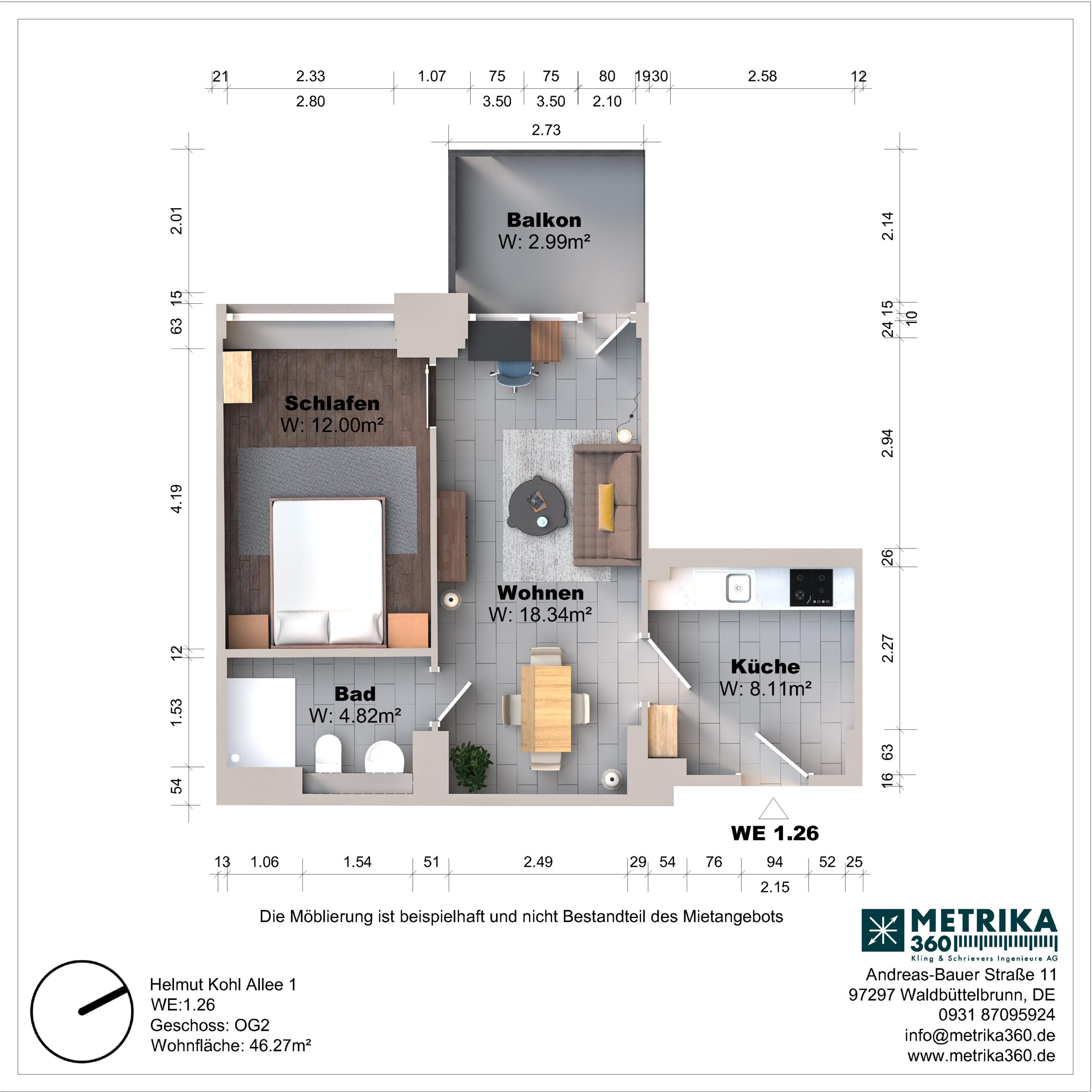 Grundriss einer Wohnung mit Balkon und Möbeln.