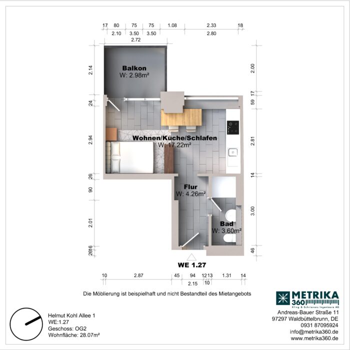 Grundriss einer Wohnung mit Balkon und Bad.