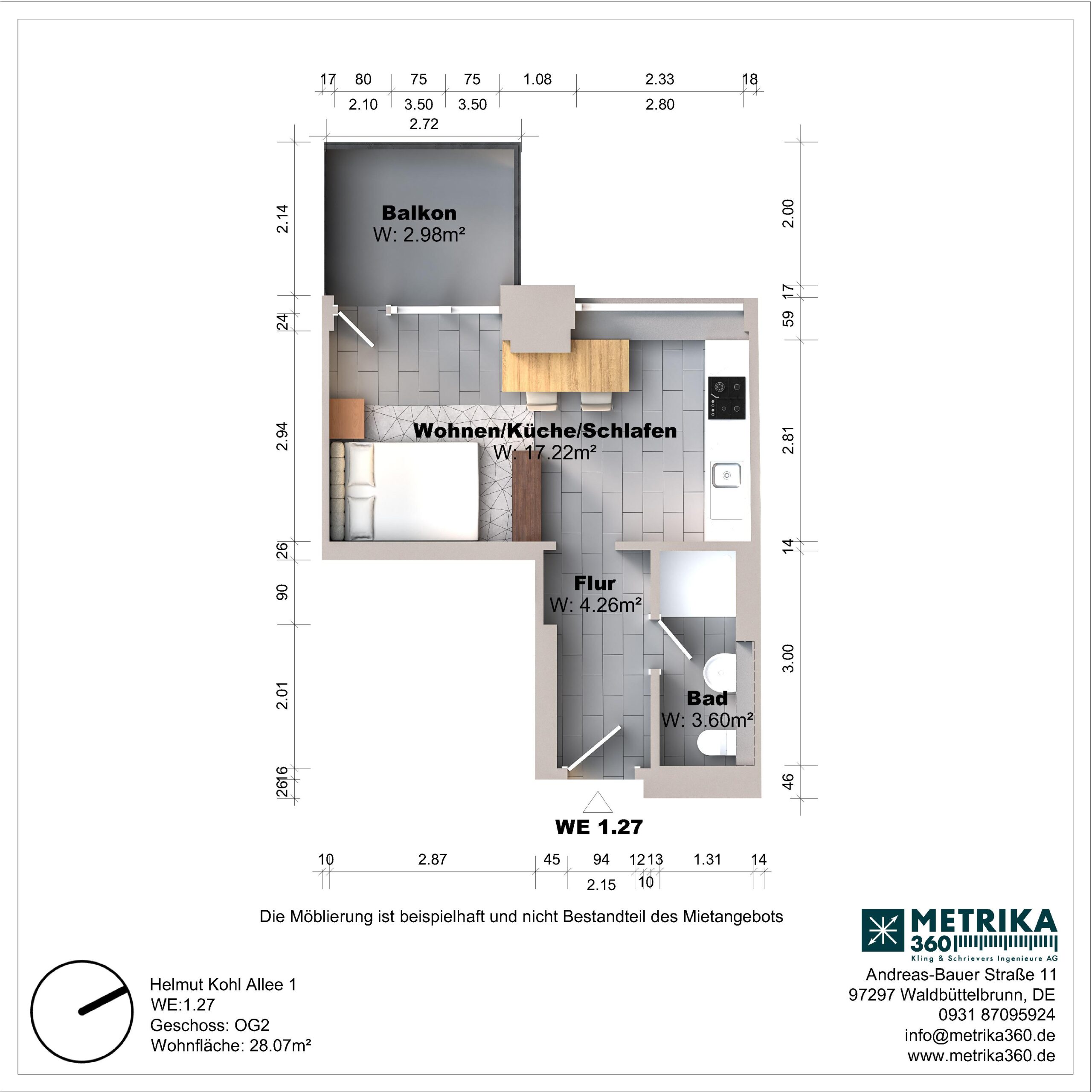Grundriss einer Wohnung mit Balkon und Bad.
